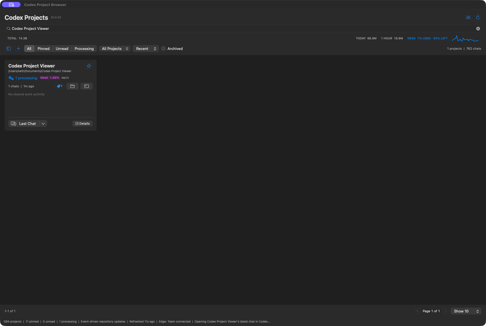 Reposcape showing a searchable project card, activity filters, token usage, and quick project actions