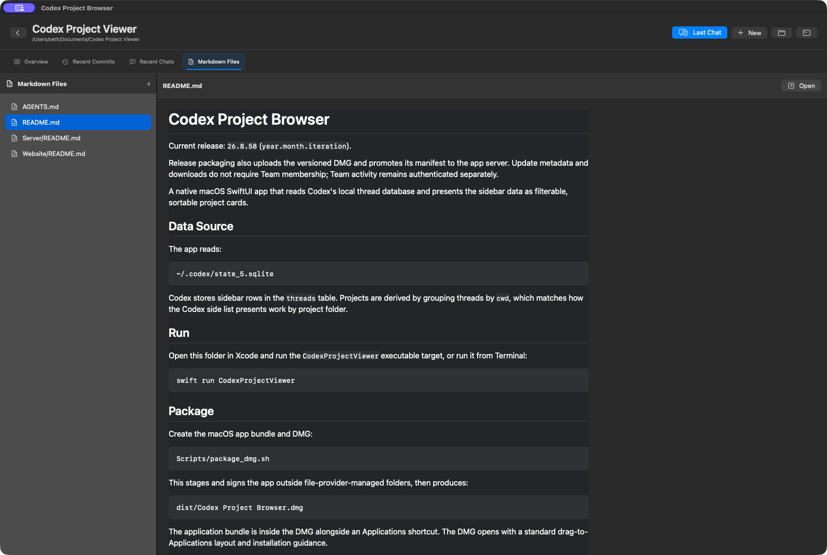 Markdown Files view in Reposcape showing a project file list and rendered README documentation