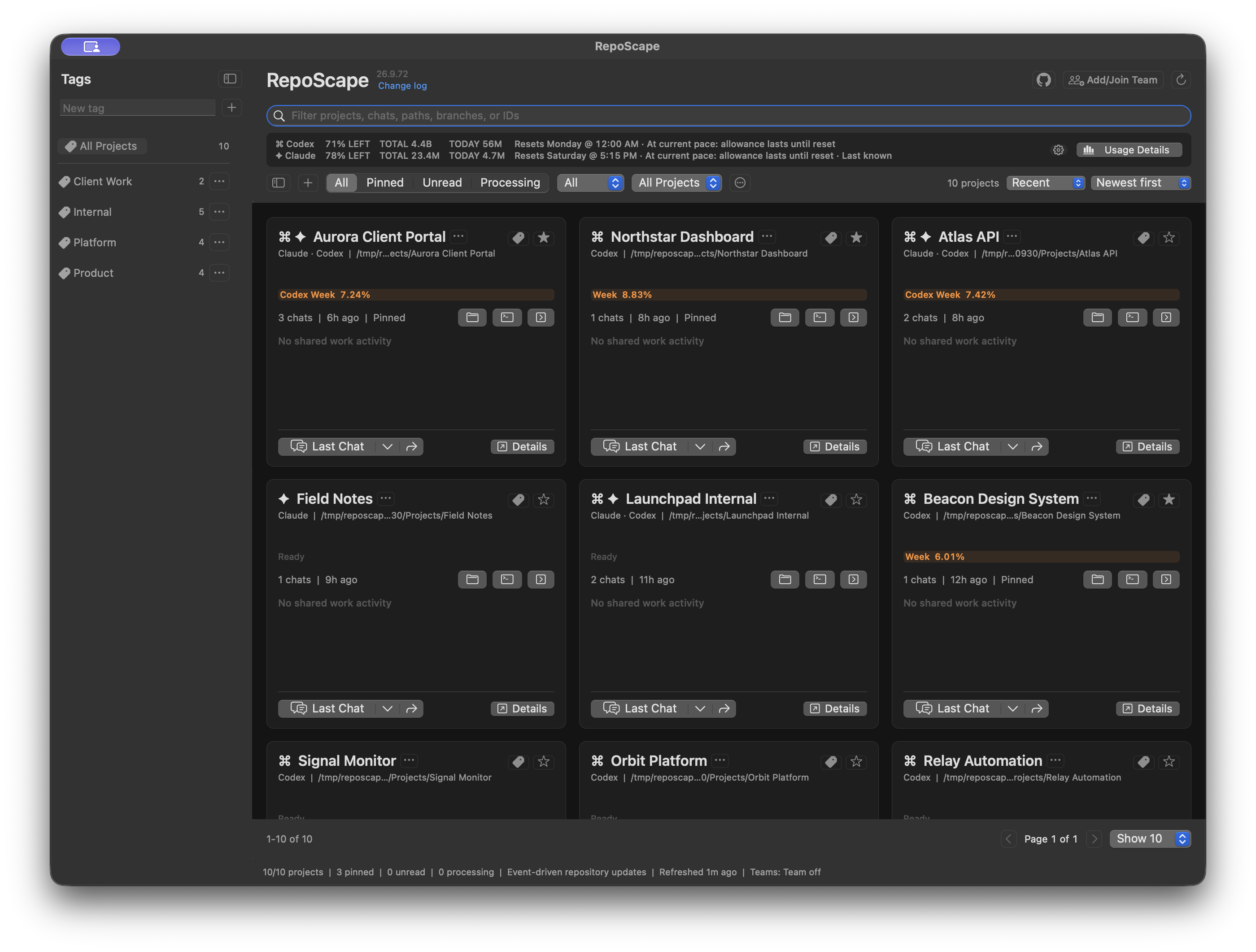 RepoScape on Mac with Codex and Claude projects, provider filters, and separate usage summaries