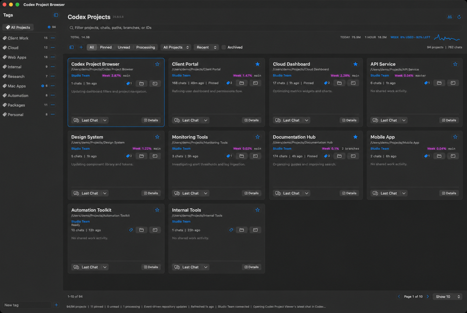 Reposcape showing a project card grid with a left sidebar for creating, filtering, editing, and managing project tags
